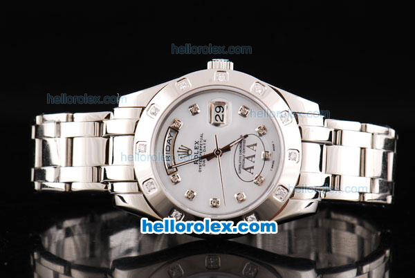 Rolex Day Date Oyster Perpetual Swiss ETA 2836 Automatic Movement Silver Case with White Dial and Diamond Markers - Click Image to Close